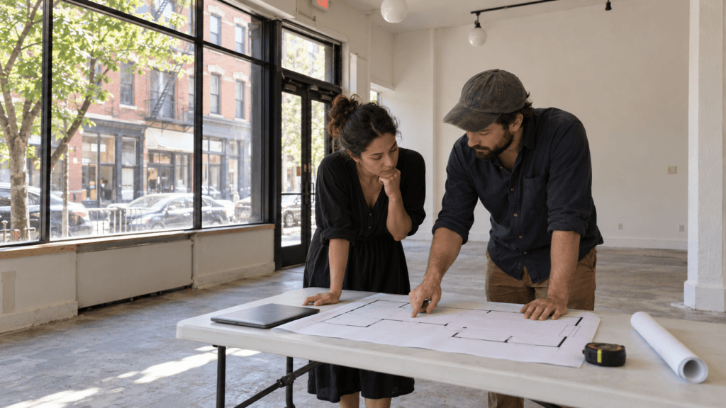 Shop owner and project planner reviewing a retail layout in Brooklyn