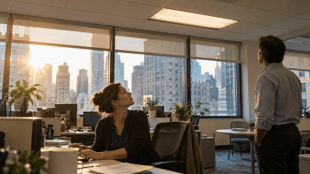 Office manager observing ceiling lighting and daylight in a New York office