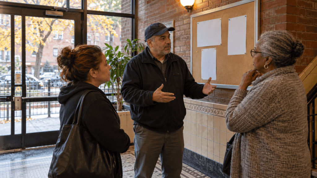 Building manager discussing planned work with residents in a Queens lobby